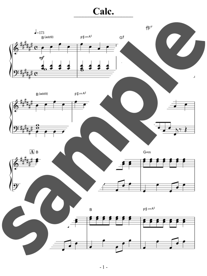 Calc.」のピアノ楽譜 / 初音ミク，ジミーサムP（ソロ / 中級） - 電子楽譜カノン