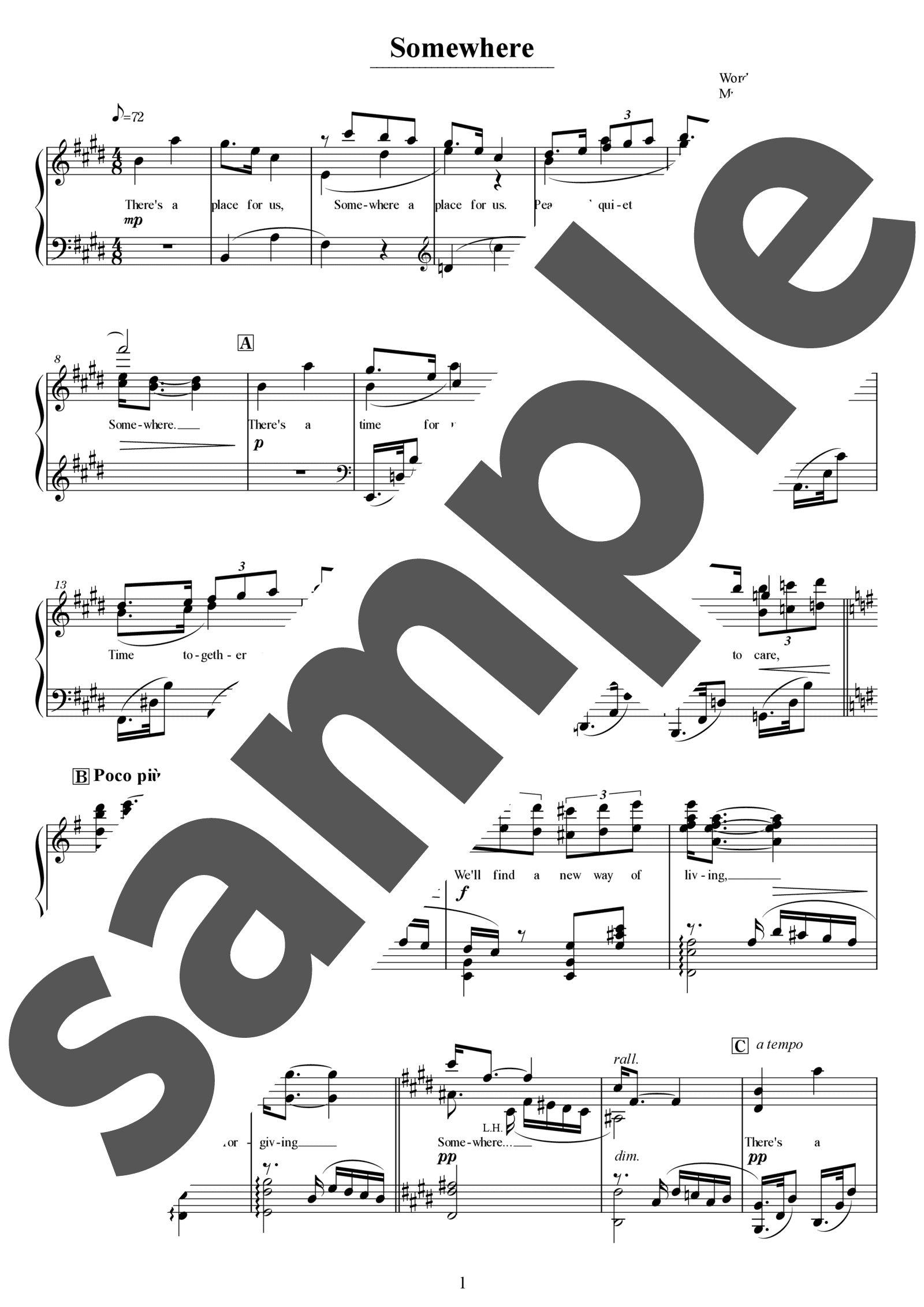 【ピアノ楽譜】サムウェア / Leonard Bernstein（ソロ / 上級） - 電子 