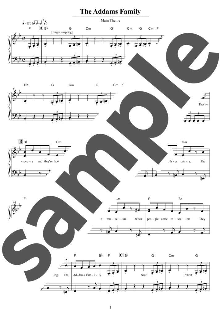アダムス・ファミリーのテーマ」のピアノ楽譜 / Vic Mizzy（ソロ / 初中級） - 電子楽譜カノン